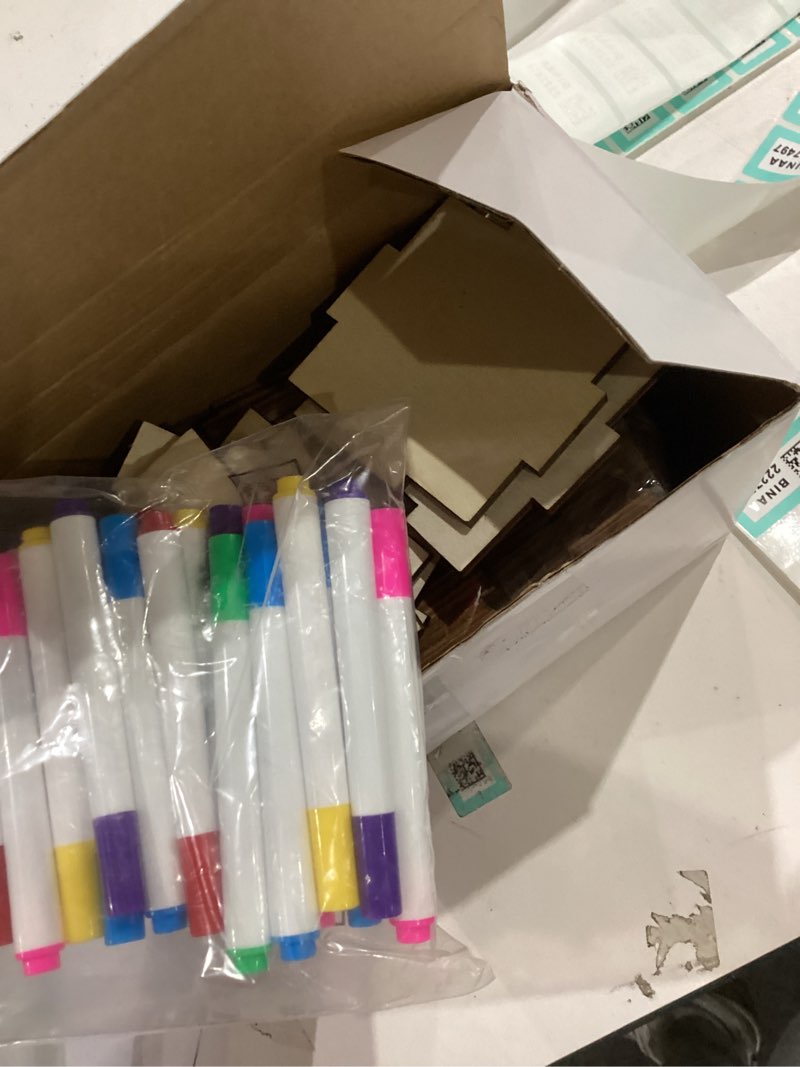 Condition photo showing As Is for Briwooody 36 Pcs DIY Unfinished Wood Block Bank Set with Coloring Pens Blank Square Cube Coin Box Crafts for Wood Piggy Bank Craft and Home Activities Fun Holiday Gifts