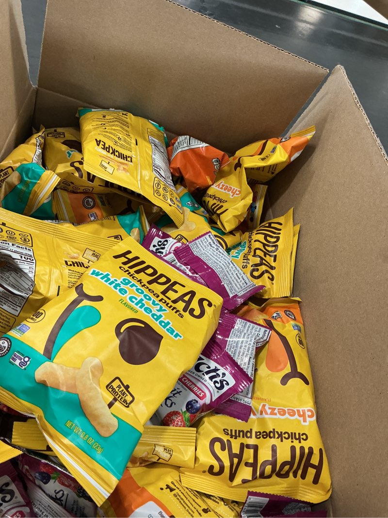 Condition photo showing Good Condition for (Best Bay 03/03/2026)Hippeas Chickpea Puffs, Variety Pack: Groovy White Cheddar, Cheezy Vibes, Barbecue, Sriracha, 0.8 Ounce (Pack of 18), 3g Protein, 2g Fiber, Vegan, Gluten-Free, Crunchy, Plant Protein Snacks