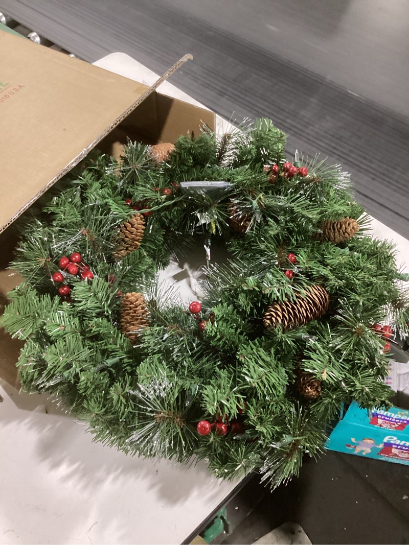 Condition photo showing Good Condition for National Tree Company 24 in Pre-Lit Wintry Pine Flocked Artificial Christmas Wreath, Christmas Decoration with Pinecones, Red Berries, 50 Clear LED Lights, 113 Tips, Timer, Green
