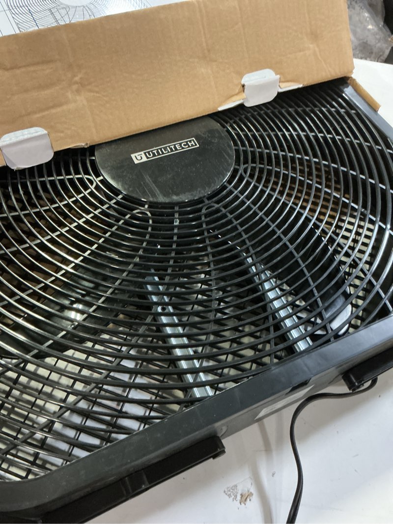 Condition photo showing As Is for utilitech 20-in 120-volt 3-speed high velocity indoor black box fan