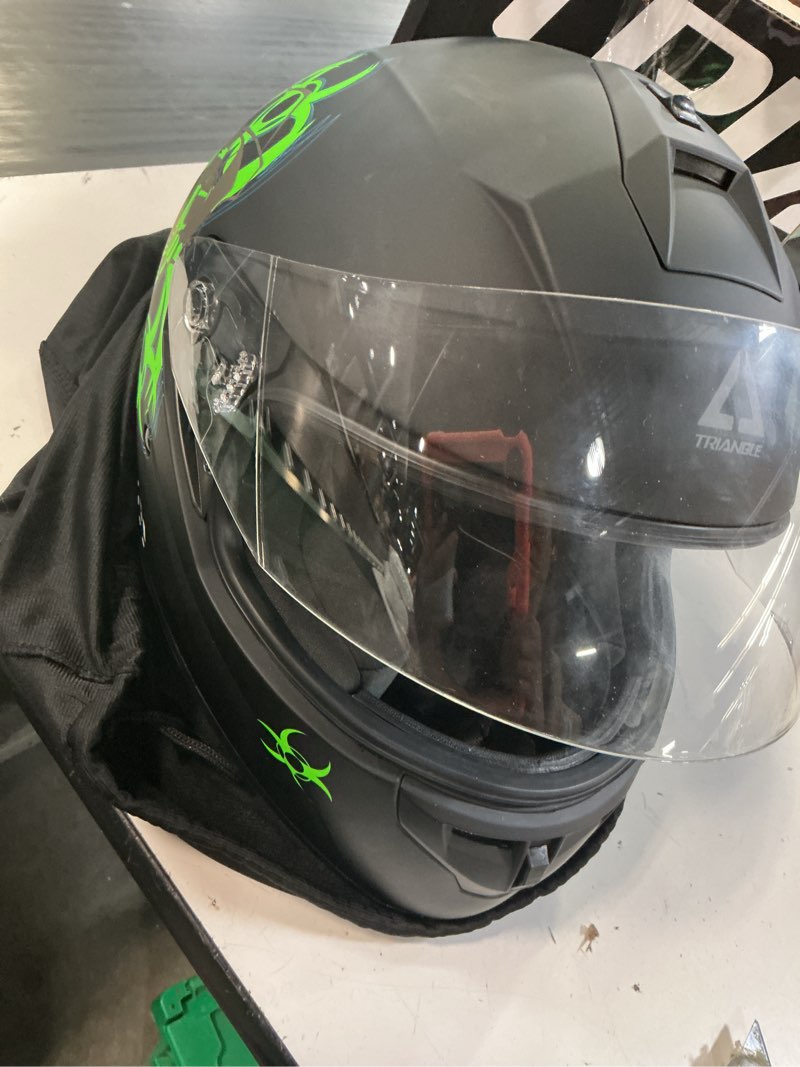 Condition photo showing As Is for triangle full face motorcycle helmet dual visor helmets for adult men and women with smoked sunshield dot approved x-large green mate
