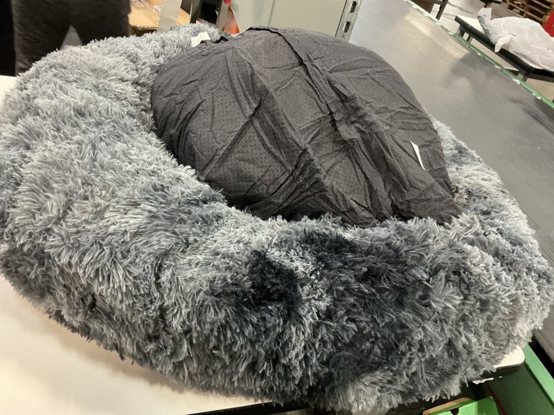 Condition photo showing As Is for 36 inches Donut Dog Bed for Large Dogs - Calming Fluffy Round Pet Bed with Removable & Washable Cover,Fits up to 80 lbs Pets (Tie-dye Grey,Large) 36.0"L x 36.0"W x 8.0"Th Tie-dye Grey