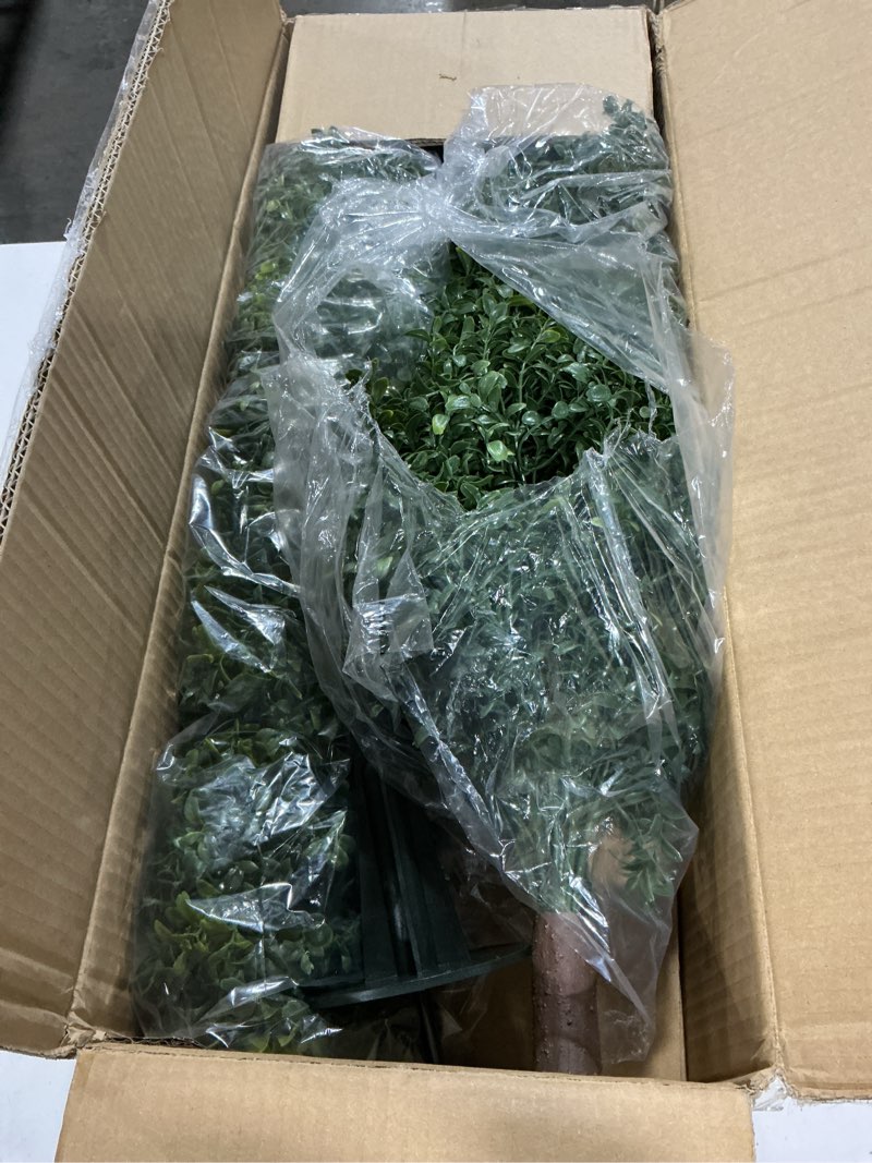 Condition photo showing Good Condition for 3FT Artificial Boxwood Topiary Balls Trees with Ground Spike, 2 Pack UV Resistant Artificial Shrubs, Fake Evergreen Artificial Plant Brush for Indoor Outdoor Front Porch Garden Boxwood Tree 3FT Spike