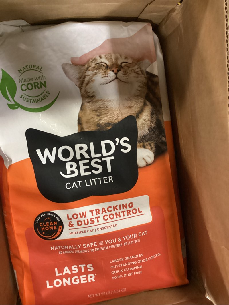Condition photo showing New/Like New for WORLD'S BEST CAT LITTER Low Tracking & Dust Control Multiple Cat Unscented 32-Pounds - Natural Ingredients, Quick Clumping, Flushable & Made in USA - Long-Lasting Odor Control & Easy Scooping 32lb