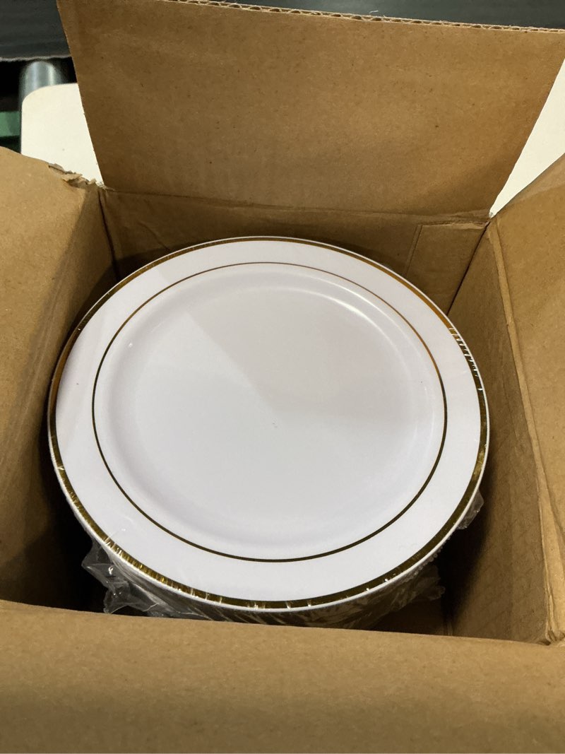 Condition photo showing New/Like New for bucla 100pieces gold plastic plates - 6.25inch white with gold rim disposable salad/dessert/appetizer/small cake plates premium hard - ideal for wedding, party