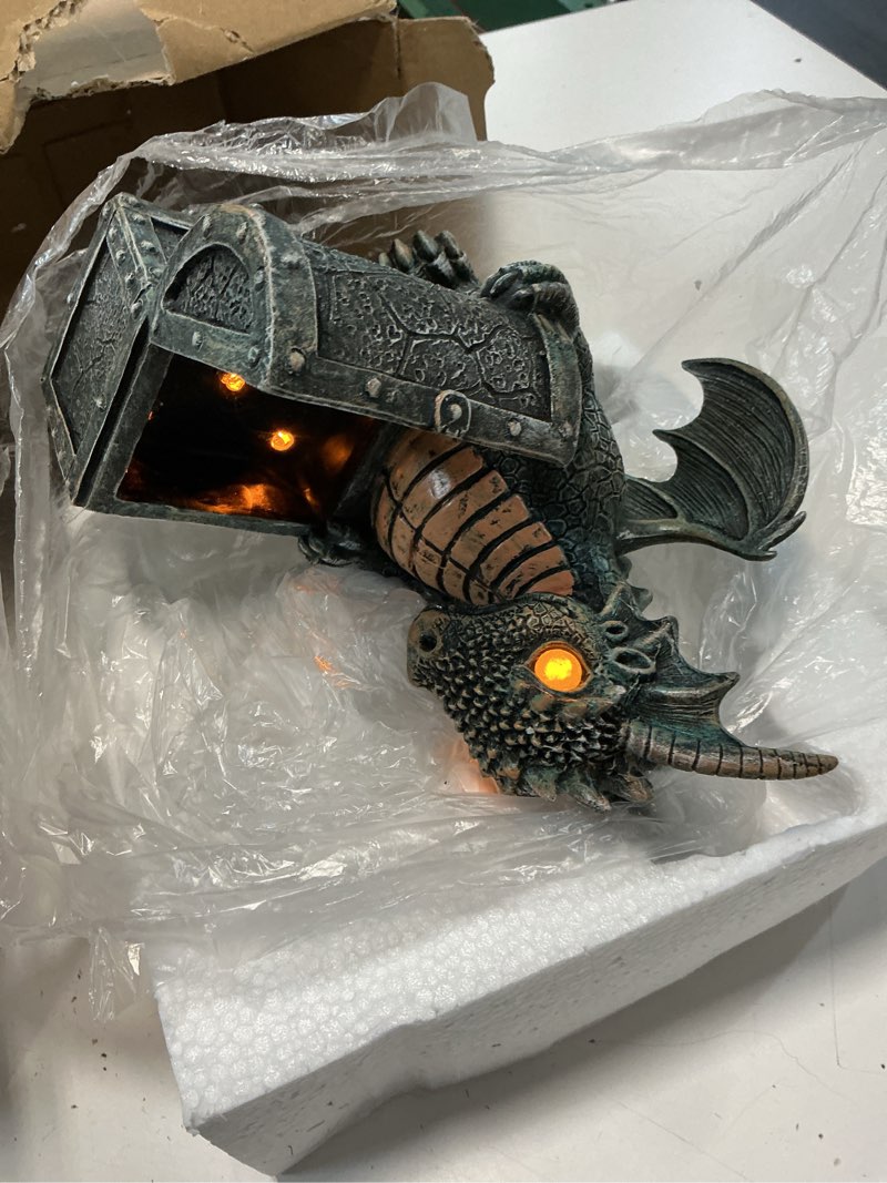 Condition photo showing Good Condition for garden dragon statue solar powered outdoor figurine light decor cute and hold glowing treasure chest resin sculpture home decoration for porch patio lawn farm yard housewarming ornament gift treasurebox