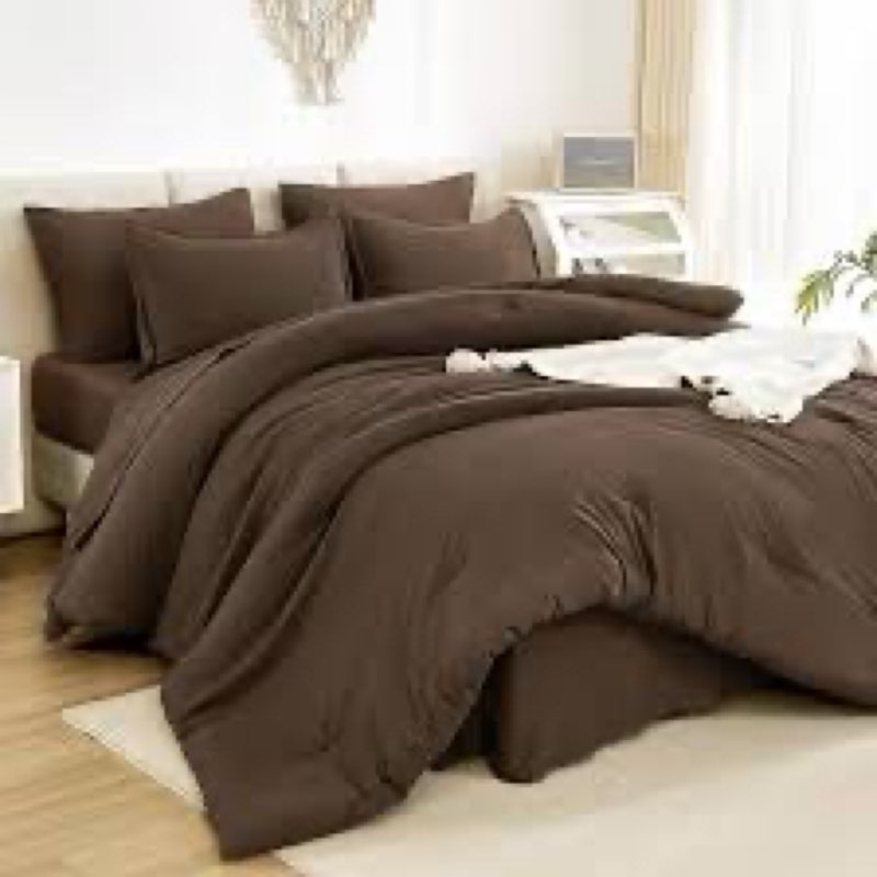 Litanika Super King Plus Size Comforter Set with Sheets Brown - 7 Pieces Bed in a Bag Oversized King