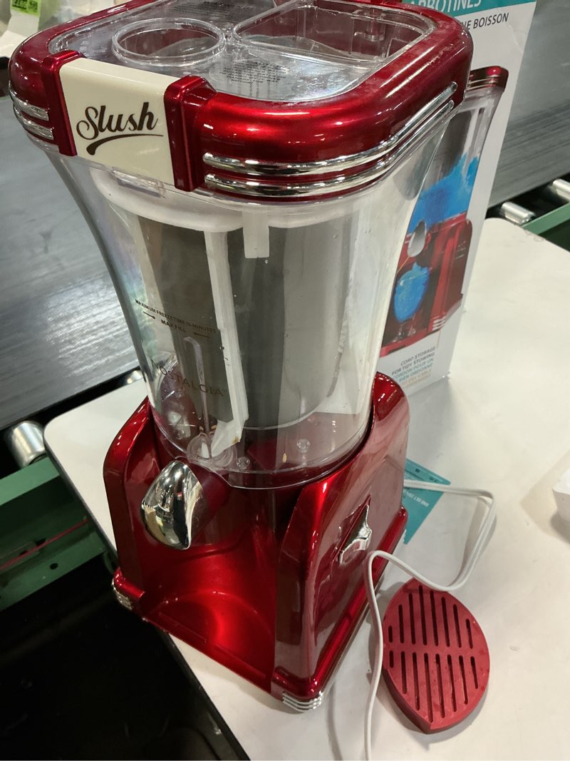 Condition photo showing As Is for Nostalgia Frozen Drink Maker and Margarita Machine for Home - 32-Ounce Slushy Maker with Stainless Steel Flow Spout - Easy to Clean and Double Insulated - Retro Red 32 Ounce Metallic Red Frozen Slush