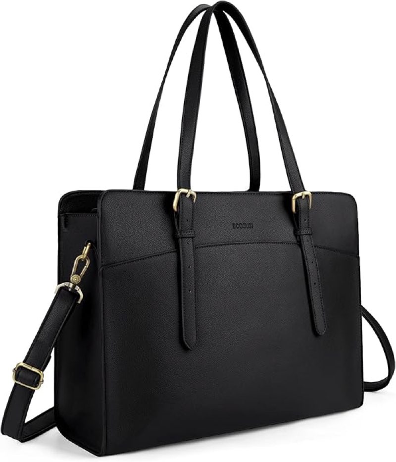 ecosusi laptop handbag women's laptop bag 15.6 inch shopper large tote bag leather shoulder bags business work bag, 1-black