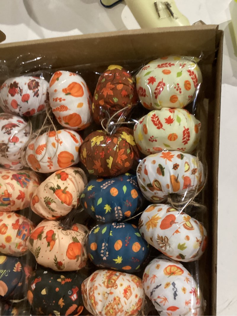 Condition photo showing New/Like New for Soulchen 48 Pcs Thanksgiving Mini Pumpkin Tree Ornaments 2 Inch Fabric Maple Leaf Turkey Pumpkin Hanging Tree Decorations for Thanksgiving Home Decor