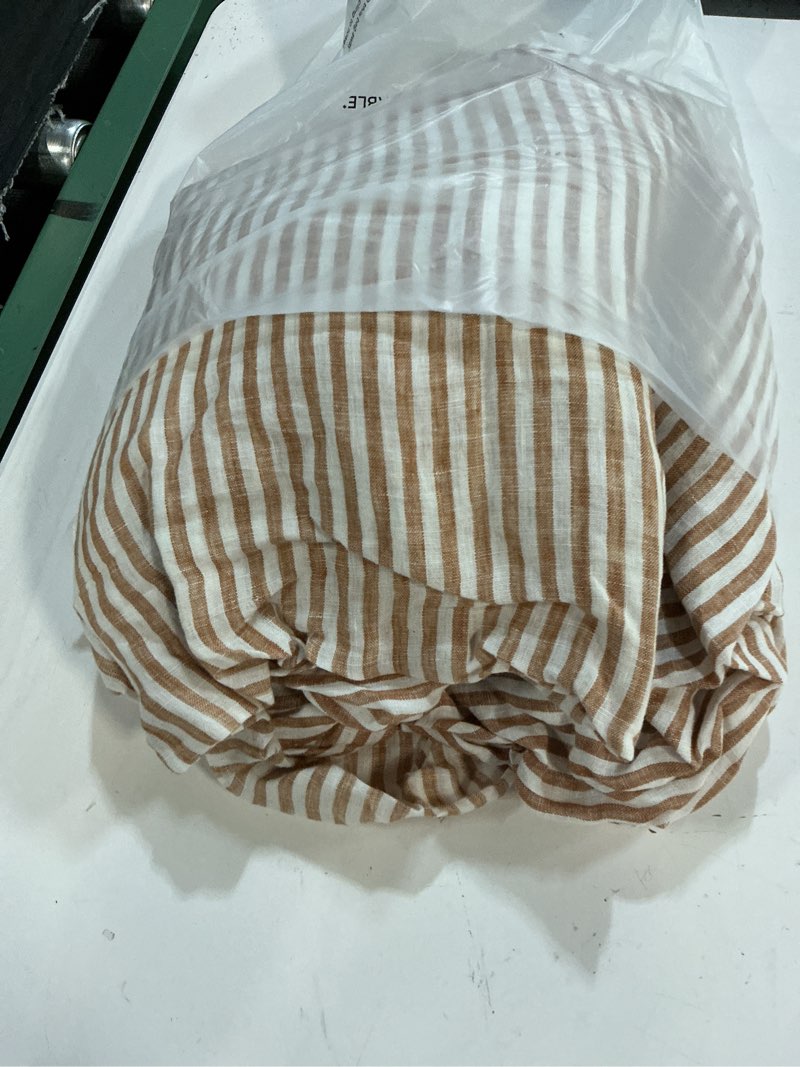 Condition photo showing As Is for quince european linen stripe fitted sheet set, king, terracotta/white stripe