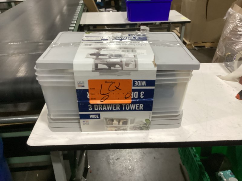 Condition photo showing As Is for sterilite wide 3 drawer tower, plastic storage organizer with removable clear bins, easy to assemble - no tools needed, white