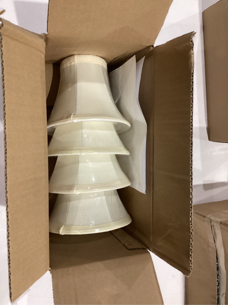 Condition photo showing Good Condition for wellmet chandelier shades, only for candelabra bulbs, clip-on fitter lamp shades, 3" x 6" x 5", 6 pcs set cream white bell-3x6x5 inches