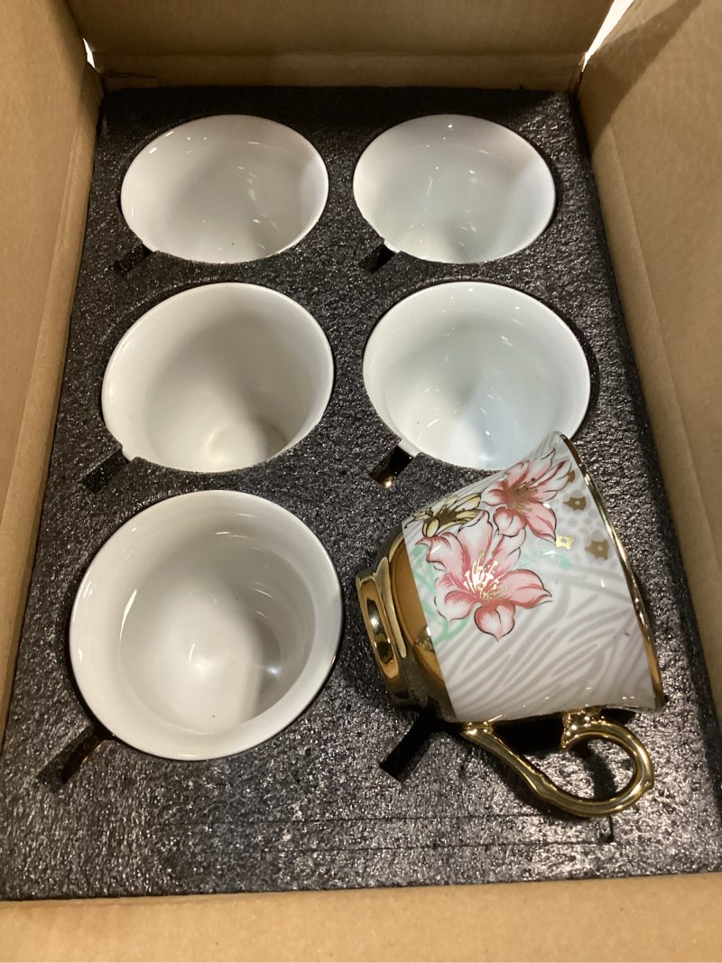 Condition photo showing New/Like New for tea cups and saucers, tea cup set of 6, 8 oz floral cups porcelain cup set for cappuccino, coffee, afternoon tea birthday party supply housewarming gift