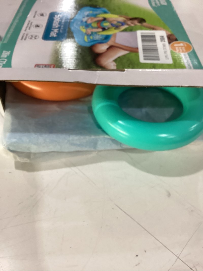 Condition photo showing New/Like New for swimschool baby splash play mat – inflatable play pool for babies & infants with backrest – includes baby water toy rings– seafoam blue lemon