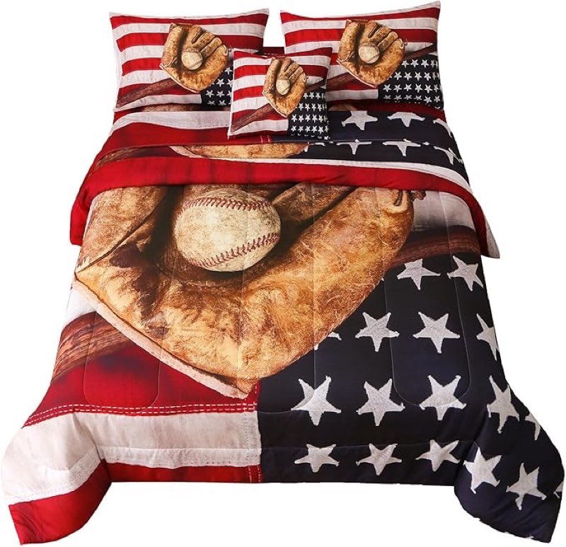 Namoxpa 6 Pieces Baseball American Flag Comforter Sets,3D Baseball Pattern,Decorative 6 Piece Beddin