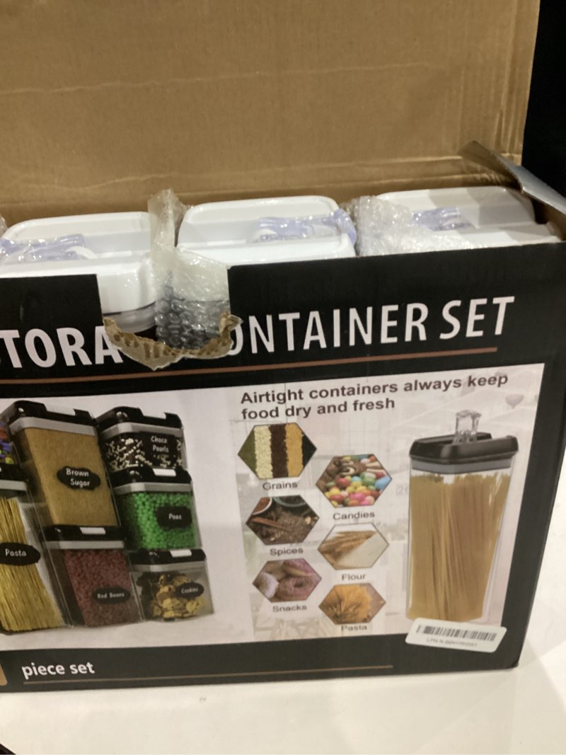 Condition photo showing Good Condition for Airtight Food Storage Containers with Lids 7 pcs Plastic Kitchen and Pantry Organization Canisters for Cereal, BPA Free Kitchen Canisters for Spaghetti, Pasta, Dry Food, Flour and Sugar
