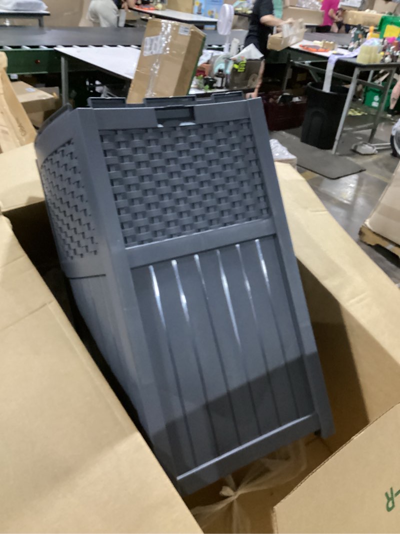 Condition photo showing Good Condition for suncast 33 gallon wicker-style hideaway trash can with secure latching lid and weather-resistant construction for patio, cyberspace grey, made in the usa