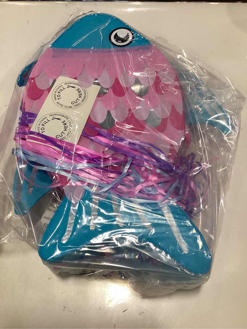 Condition photo showing New/Like New for BLUE PANDA Pull String Fish Pinata for Girls, Ocean, & Mermaid Theme Birthday - Under the Sea Party Decorations - Silver, Pink, & Blue Fish Pinata (Small, 17 x 13 x 3 inch)