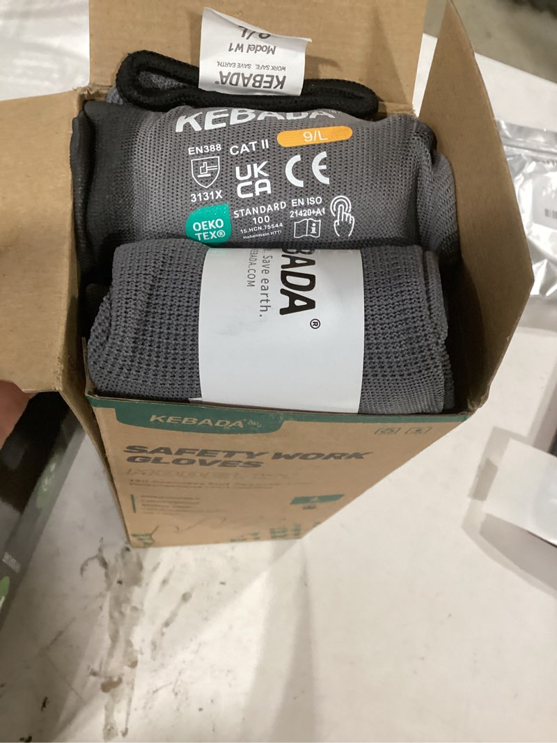 Condition photo showing New/Like New for kebada w1 work gloves for men and women, pu coated safety gloves with grip, touchscreen, ideal for warehouse package handling, construction, gardening, 12 pairs gray large large light grey