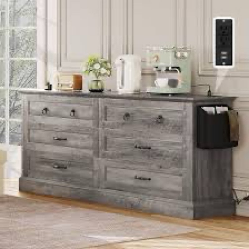 DWVO Farmhouse 6 Drawers Dresser, 59" Wide Wood Rustic Chest of Drawers with Nice Texture, Vintage D