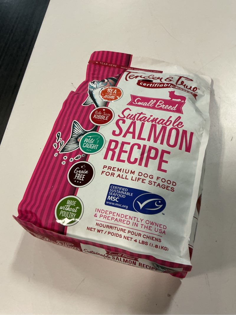 Condition photo showing New/Like New for best by -may/05/2026, small breed sustainable salmon recipe