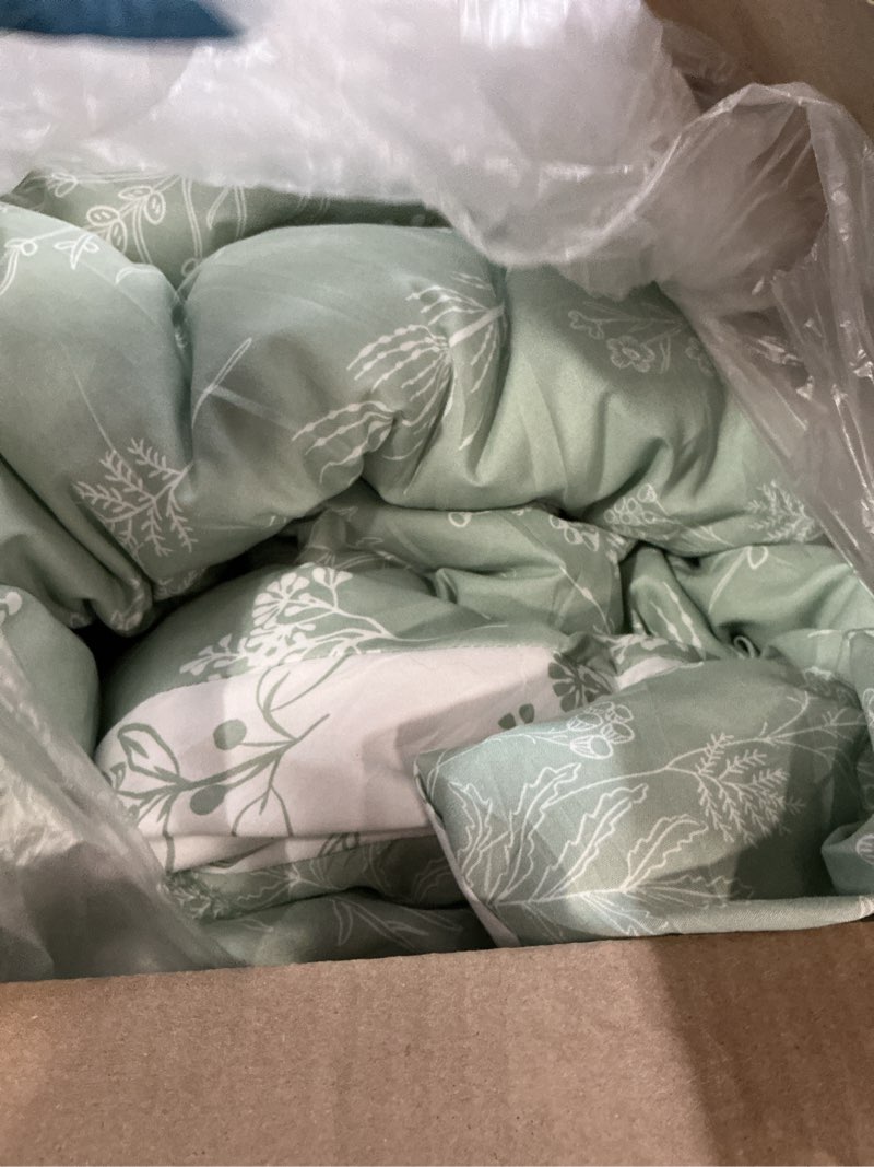 Condition photo showing As Is for bedsure full comforter set - sage green bed set, 3 pieces cute floral bedding, 1 soft reversible botanical flowers comforter and 2 pillow shams full 01 - sage green