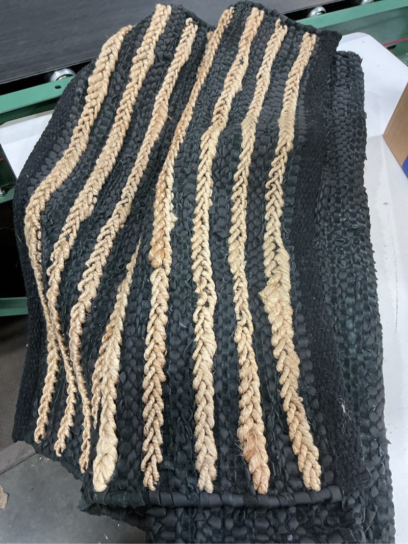 Condition photo showing As Is for gruhum jute runner rug 2'6"x 6' ft natural fiber black rectangular jute area rug leather handwoven boho farmhouse braided rustic vintage ecofriendly rug kitchen livingroom bedroom hallways enterways 2'6" x 6' (rectangular) natural black- 20