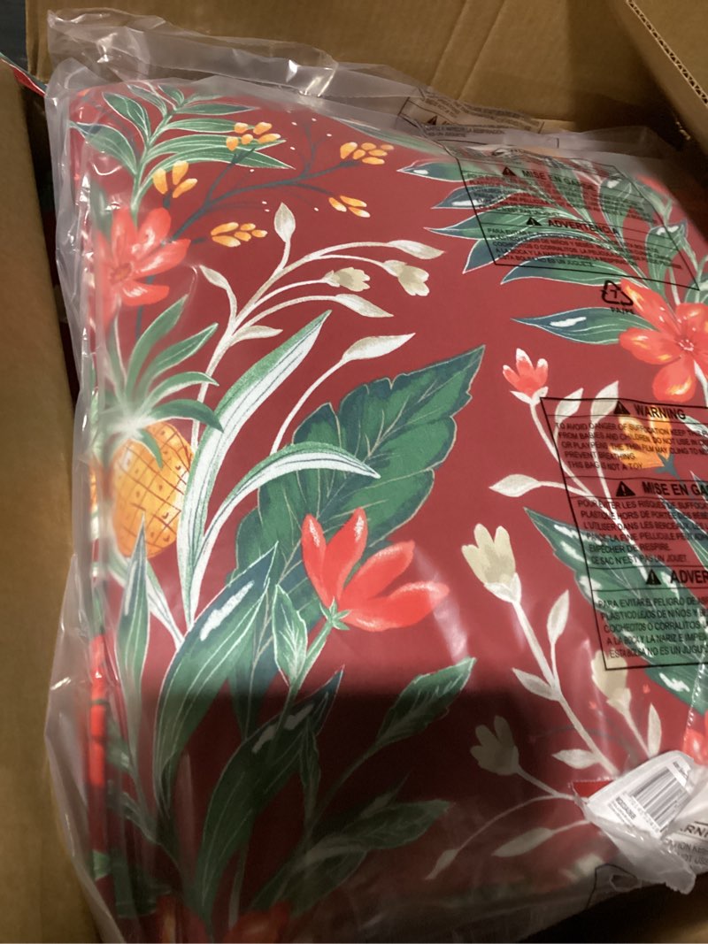 Condition photo showing Good Condition for arden selections earthfiber outdoor deep seat cushion set, 24 x 24, water repellent, fade resistant, deep seat bottom and back cushion for chair, sofa 24 x 24, luau red tropical floral