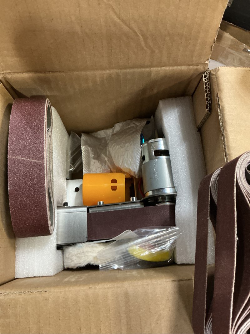Condition photo showing Good Condition for Mini Belt Sander, 15° Electric Belt Sander Knife Making Supplies, 7 Adjustable Speed Electric Knife Sharpener, Power Belt Sanders for Woodworking, Metal Working DIY, Belt Grinder & Small Sander 15° Mini Belt Sander