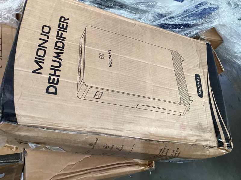 Condition photo showing As Is for damaged *mionjo dehumidifier model v3 in white