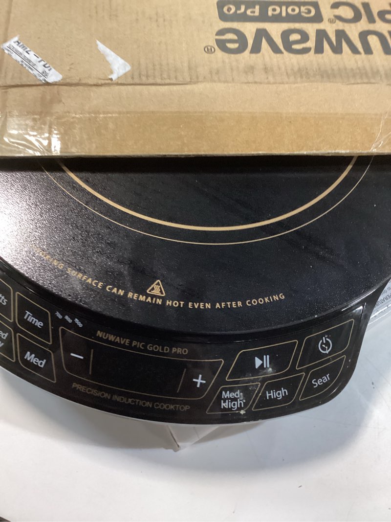 Condition photo showing As Is for nuwave gold precision induction cooktop, portable, large 8” heating coil, 12” shatter-proof ceramic glass surface, 51 temp settings from 100°f - 575°f, 3 watt settings 600, 900, & 1500 watts (renewed)