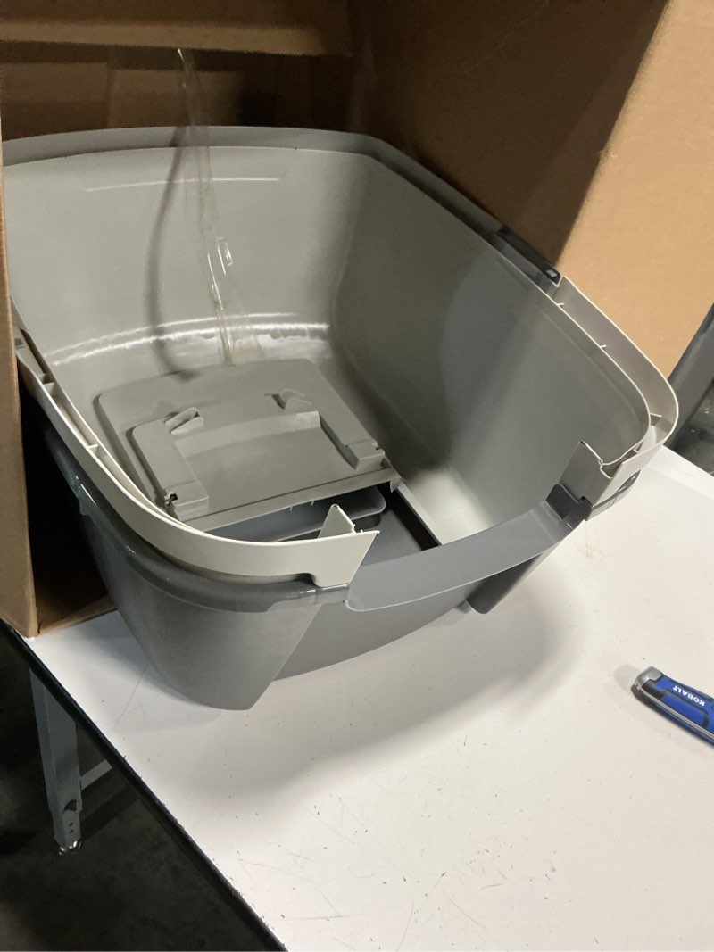 Condition photo showing As Is for iris usa cat litter box large with front door flap, covered enclosed litter box enclosure with scoop, handle & buckles for portability & privacy, hidden litter pan, gray jumbo enclosed dark gray w/ scoop