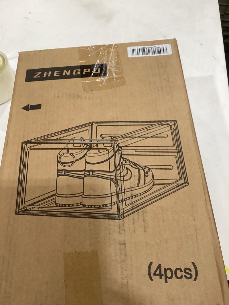 Condition photo showing New/Like New for 4 Pack Shoe Storage Bins, Thicken & Sturdy Clear Shoe Storage Organizer with Magnetic Door, Stackable Boxes for Closet, Foldable Space-Saving Shoe Rack for Sneaker Boot Container