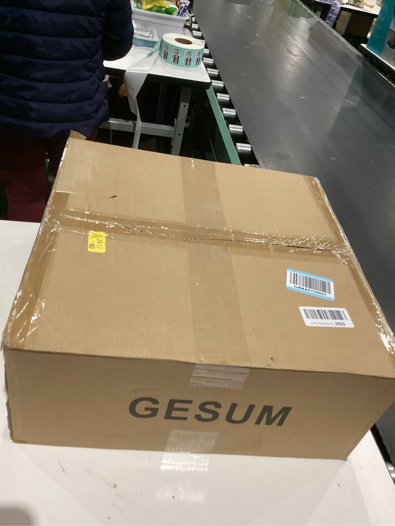 Condition photo showing As Is for GESUM Caged Farmhouse Bladeles Ceiling Fan with Light and Remote Control for Bedroom Kitchen Living Room ,Black Low Profile Flush Mount Ceiling Fan(4 Bulbs not Included) Gray