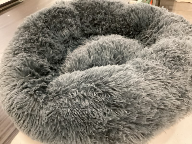 Condition photo showing As Is for donut dog bed - premium comfort for anxiety relief - fluffy & calming design with ultra-plush support | cozy round dog bed with super soft circle style (dark grey, medium) medium (30"l x 30"w x 9"th) dark grey