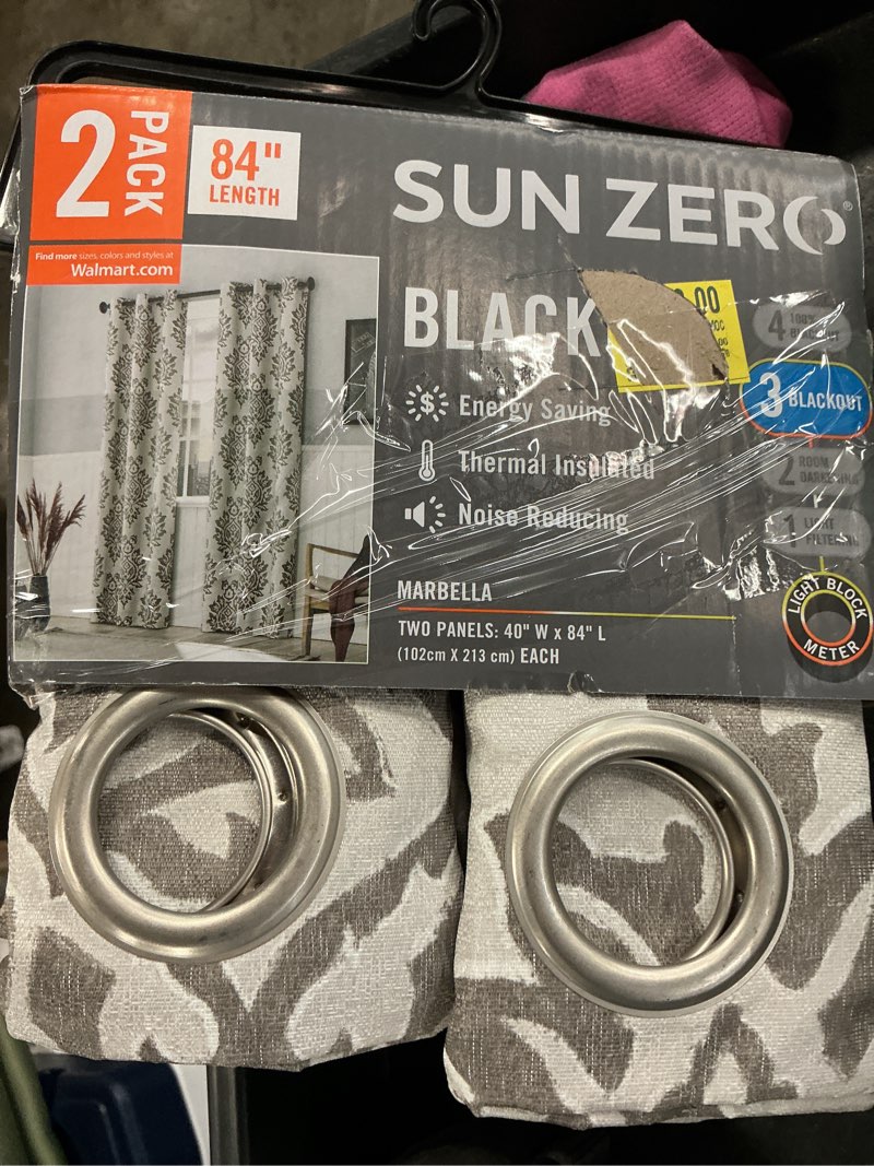 Condition photo showing Good Condition for sun zero arlo 2-piece textured thermal insulated room darkening grommet curtain panel pair, brown damask, 40"w x 84"l