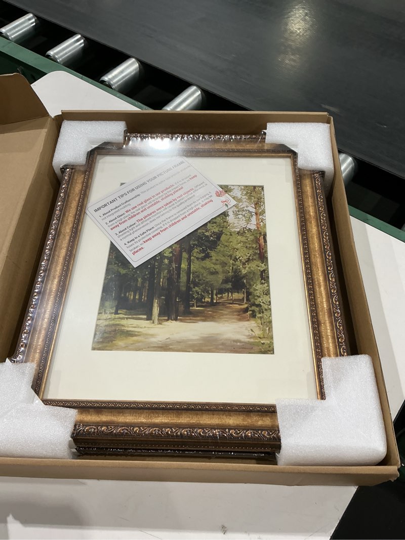 Condition photo showing Good Condition for splinterix 11x14 gold picture frame, 2 pack ornate vintage picture frames for wall or tabletop display, 11 x 14 photo frame gold with real glass, display poster 8x10 with mat or 11x14 without mat for antique déco antique gold 11x14-2 pack