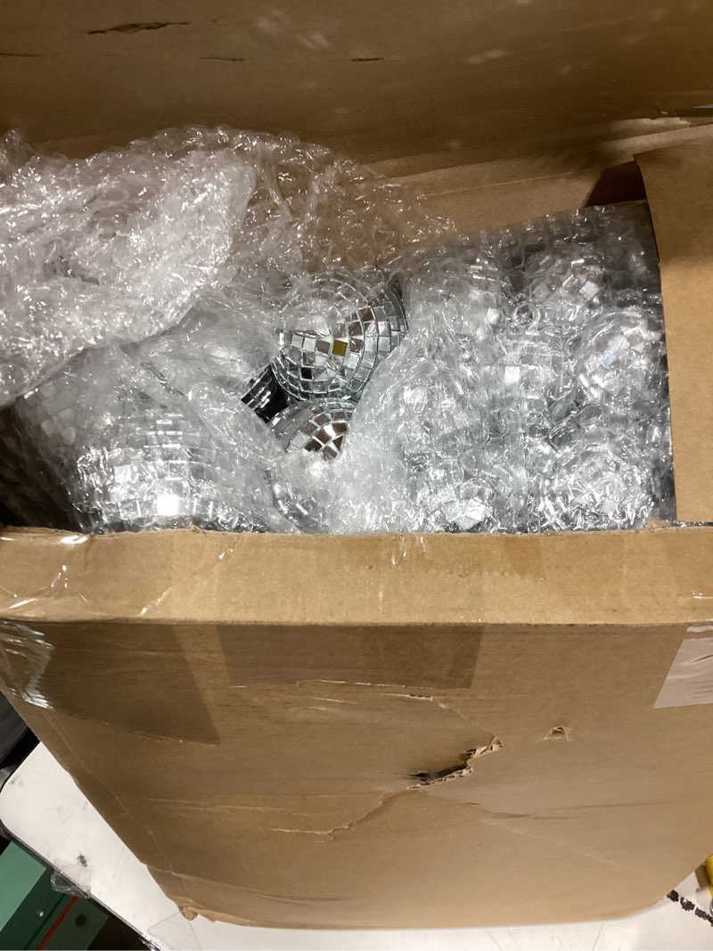 Condition photo showing As Is for 100 Pcs Bulk Disco Ball Set,Mini Mirror Disco Balls Ornaments Hanging Decoration in Different Size for Christmas Tree Cake Topper Dance Music 50s 60s 70s Themed Party(1, 2)