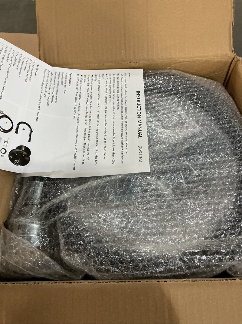 Condition photo showing New/Like New for m mingle high pressure washer hose reel 150ft, heavy duty steel hose reel, manual crank power washer hose reel with 3/8" pressure wash whip hose, swivel arm and mounting bracket, 4000 psi