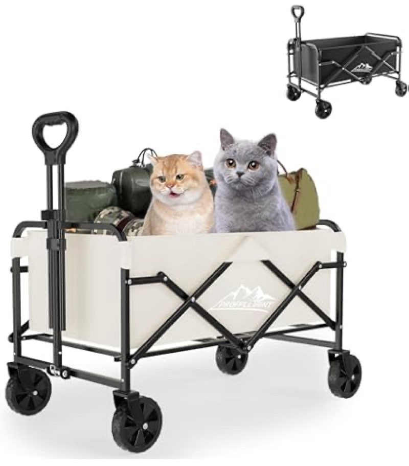YQCEZI Collapsible Wagon - Large Capacity With Wheels and Adjustable Handles for Shopping, Fishing, Ivory and Black 