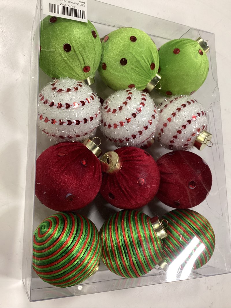 Condition photo showing New/Like New for 12PCS Christmas Ornaments Balls, 3.15" Red Green Velvet Shatterproof Christmas Tree Decorations with Sparkling Stripes and Dots, Holiday Party Decorative Hanging Baubles