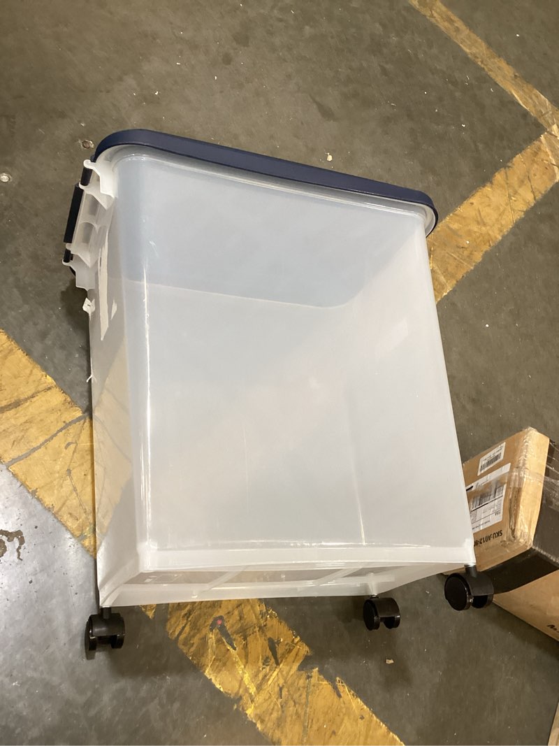 Condition photo showing As Is for iris usa airtight dog food storage container, up to 30 lbs, attachable wheels, for dog cat bird and other pet food storage bin, keep fresh, easy mobility, bpa free, navy