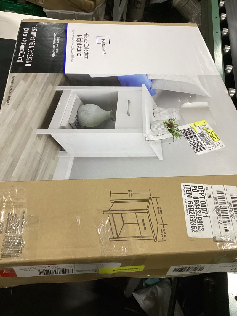 Condition photo showing As Is for mainstays hillside nightstand with drawer, white finish