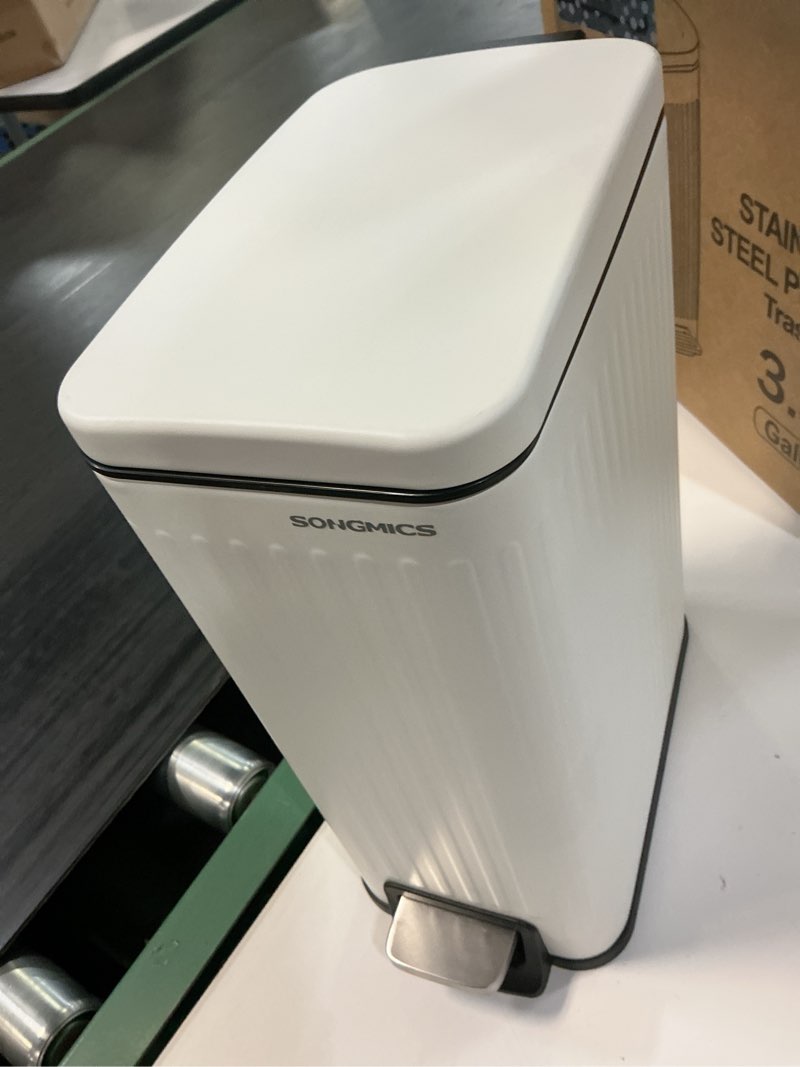 Condition photo showing Good Condition for slim bathroom trash can with soft close lid stainless steel garbage can step trash bin with removable inner bucket for bedroom, office, kitchen (matt white, 3.5 gallons) matt white 3.5 gallons
