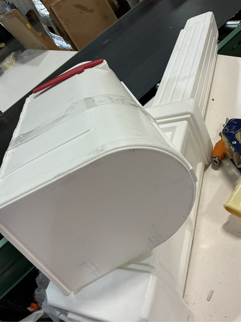 Condition photo showing As Is for postal pro, craftsman mailbox & post kit, large outdoor mailbox, durable plastic, easy to install, flag included, white
