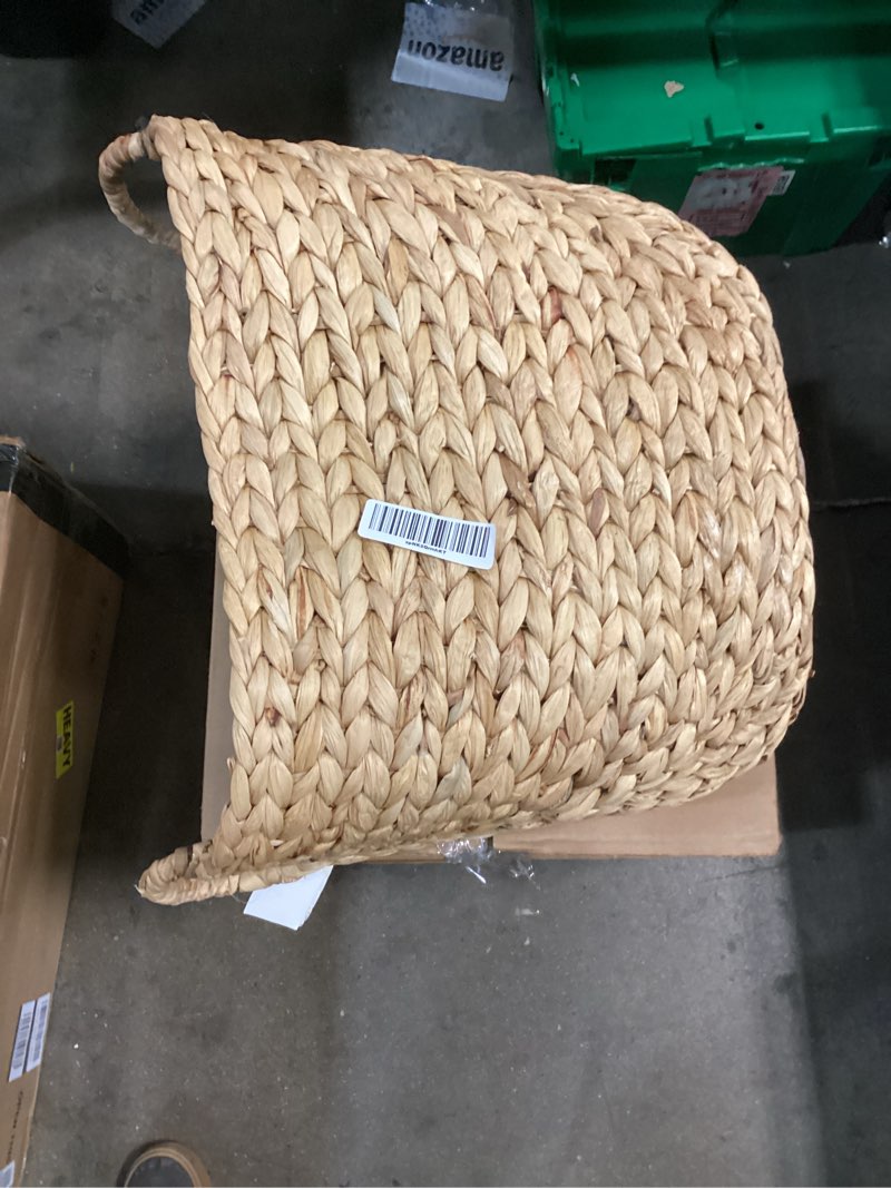 Condition photo showing New/Like New for deco 79 seagrass storage basket, large woven basket, 20" x 18" x 19", brown | handmade decorative and functional basket for storage with ring handles, baskets for organizing, room decor