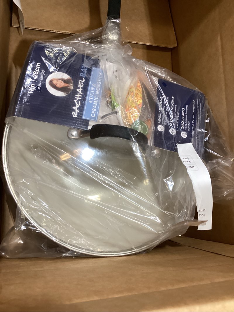 Condition photo showing Good Condition for rachael ray cucina ceramic nonstick stir fry pan and lid, 11 inch non stick wok pan, dishwasher safe - peppercorn wok (11") peppercorn