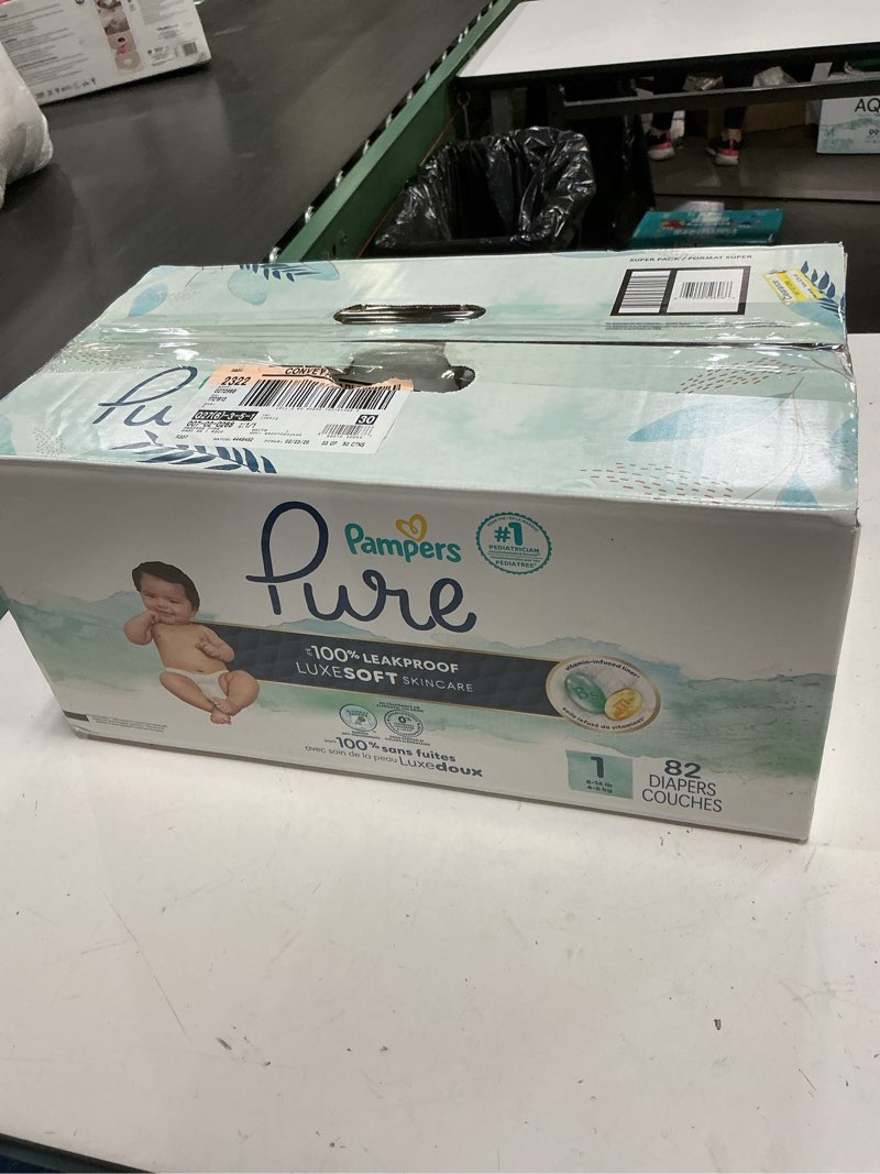 Condition photo showing New/Like New for pampers pure protection baby diapers, size 1 (8-14 lbs), 82 count, up to 100% leakproof, premium plant-based skin protection, hypoallergenic soft diapers size 1 82