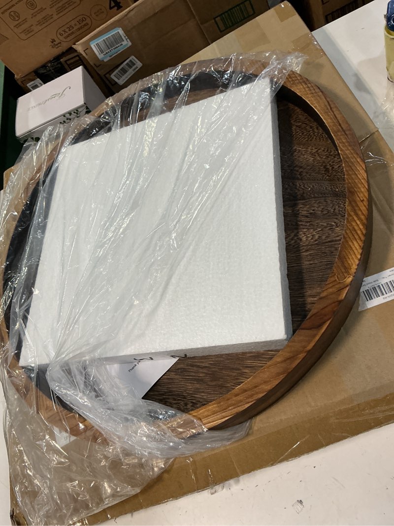 Condition photo showing New/Like New for round ottoman tray for coffee table living room wood serving tray large wooden 20 inches rustic brown rustic brown 20"